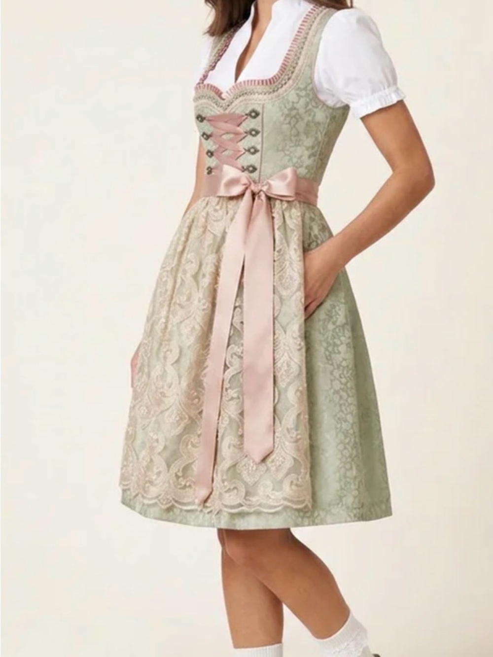 NWT Krüger Madl Sage Green Midi Dirndl with Pearl Embellished Apron - Picture 2 of 14